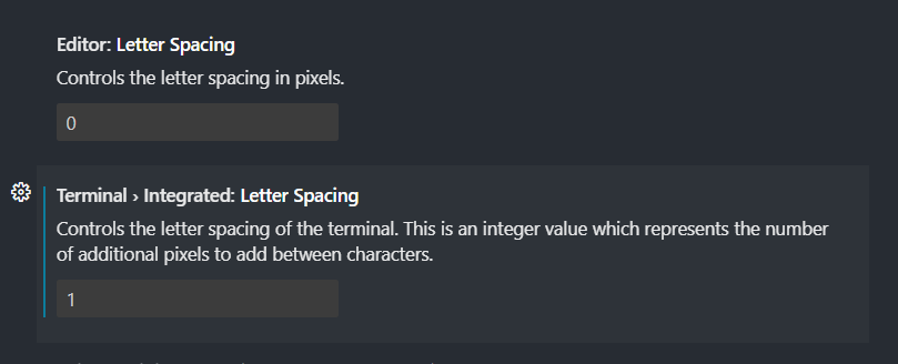 Screenshot of letter spacing setting in VSCode